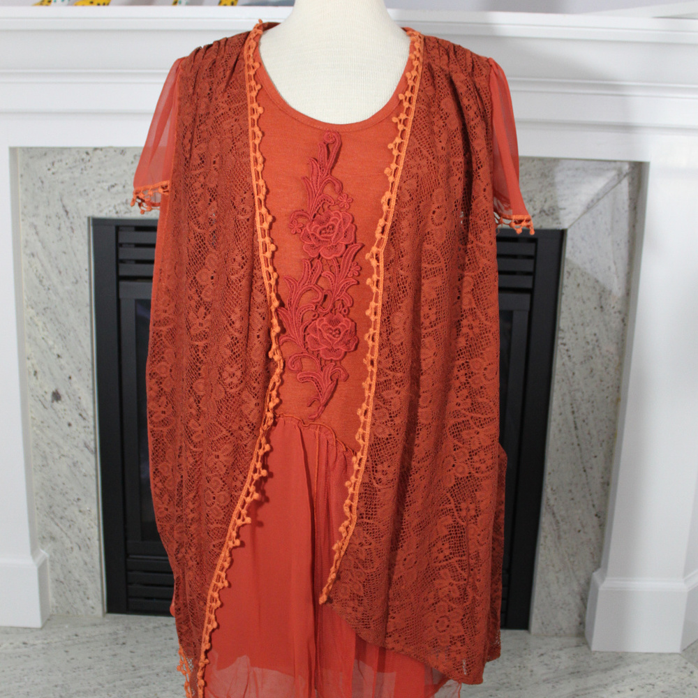 Pretty Angel orange Lace Crochet Boho Tunic Top S